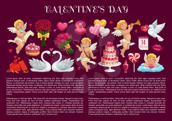 Valentines Day banner with love hearts, romantic holiday gifts and rose flower bouquets. Vector border of wedding rings, chocolate cake and balloons, candy, Cupids and calendar, kiss lips, present box