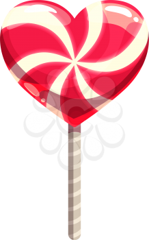 Heart shape lollipop on stick isolated candy. Vector striped confectionery sweets, symbol of love