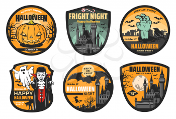 Halloween vector badges with spooky pumpkin, ghost and bats, witch, black cat and zombie hand, moon, haunted house and creepy graveyard trees. Halloween trick or treat night party emblems design