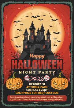 Halloween haunted house, horror night party vector invitation. Spooky pumpkins with trick or treat candies, Dracula vampire castle, bats and full moon, retro poster design of religious holiday