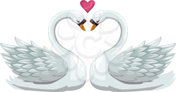 Pair of swans isolated birds. Vector waterbirds with long neck, heart symbol of love