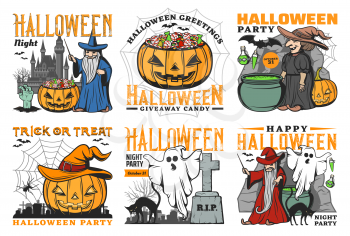Halloween ghost, pumpkin, bat and spider vector icons with horror night monsters. Witch, black cat and zombie, trick or treat candies, evil wizard and haunted house, graveyard and gravestones