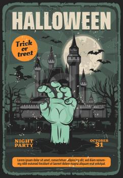 Halloween vector card with zombie hand on graveyard, haunted house, moon and bats, witch with broom, spooky cemetery trees and gravestones. Horror night trick or treat party invitation design