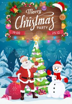 Santa and snowman with Christmas tree, bell and Xmas gifts, Winter Holidays party invitation vector design. Claus with red bag of New Year presents, ribbon bows and lights, candies, stars and balls