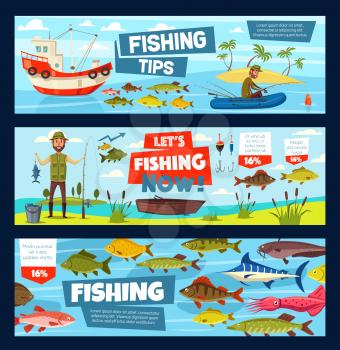 Fishing outdoor adventure infographic diagrams. Vector fisherman boat on lake, fishery ship in ocean and fishing equipment, tackles, rod and lures for seafood squid and octopus, trout or tuna and pike