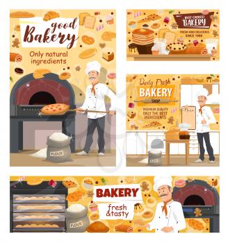 Baker baking bread, pizza and pastry cakes in bakery shop. Vector baker profession and bread bake ingredients, wheat or rye flour, sweets and cookies in oven, donuts and croissants