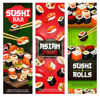 Japanese sushi bar menu banners of maki rolls with fish and seafood in chopsticks. Vector Asian cuisine banners of salmon tempura, California or Philadelphia sushi, unagi eel and gunkan hosomaki