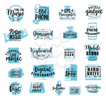 Digital gadgets, multimedia electronic devices store sketch lettering. Vector calligraphy phone, music earphones or hard drive disk, memory flash, micro SD card with smartphone and computer web camera