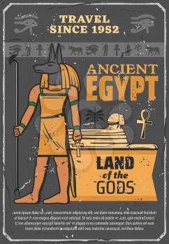 Ancient Egypt landmarks and historic sightseeings travel tour poster. Vector Egyptian culture and history museum trip, Anubis god with Sphinx in Giza, Cairo pharaoh land symbols and animal deity signs
