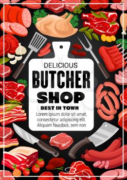 Butcher shop bbq meat and delicatessen sausages. Vector cooking and gastronomy meat food products, turkey or chicken, salami and cervelat sausage, beef steak and pork ham, bacon and mutton ribs