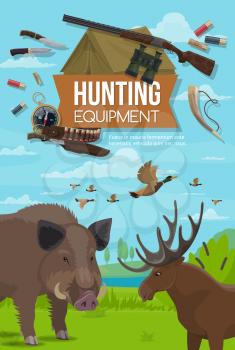 Hunter sport adventure ammunition equipment, hunting open season wild animals. Vector forest hunt for elk antler, boar hog and ducks fowl, hunter ammo rifle gun and bullets bandolier, compass and horn