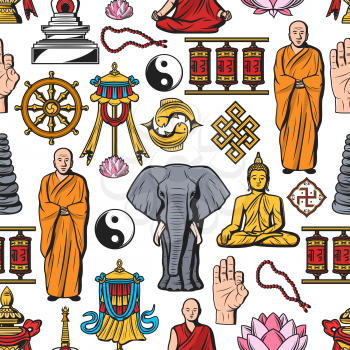 Buddhism symbols, meditation and Buddhist religion seamless pattern. Vector Buddha monk mudra with beads, Dharma wheel and Yin Yang fish sign, temple drums and elephant, swastika and lotus pattern