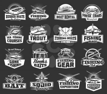 Big fish catch adventure icons and fishing club badges. Vector fisherman equipment and fish catch tackles, rubber bat, rod hooks and seafood squid spinning, fishing expedition tent and fish net