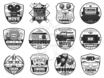 Film festival, cinema theater premiere night and movie production icons. Vector cinematography symbols of movie clapperboard, video camera and cinema 3D glasses, movie star award and popcorn