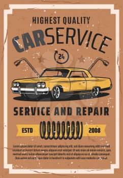 Retro vehicles auto service and repair station vintage poster. Vector old car, wheel tire replacement lug wrench, mechanic tools and chassis spare parts, diagnostic premium garage service