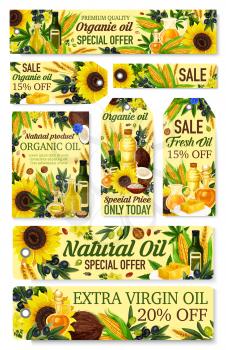 Cooking oils shop sale banners and grocery store promo posters. Vector sunflower, extra virgin olive and plants or nuts oil bottles, organic vegetable corn and coconut or linenseed oils