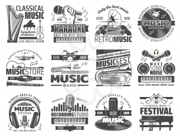 Music recording studio label, karaoke bar and jazz festival icons. Vector music band instruments, classical harp, piano and violin, musical store and DJ headphones with microphone and notes