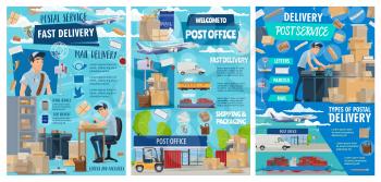 Mail delivery service and post office postman courier profession. Vector postal logistics of correspondence magazines, letter envelopes and parcels, avia delivery and post warehouse