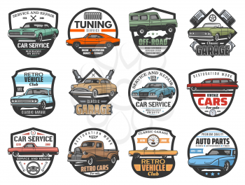 Car service, auto repair garage and automotive mechanic icons. Vector retro vintage cars club, off-road automobile maintenance, tuning and restoration auto works service centers signs