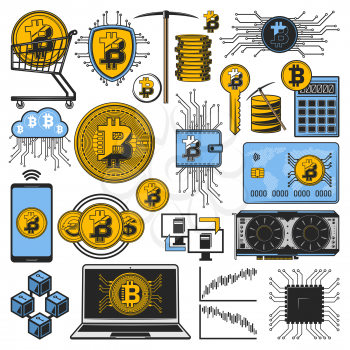 Cryptocurrency bitcoin, digital money mining and blockchain technology. Vector crypto currency bit coins currency, digital miner computer key, finance transaction wallet and virtual bank payment icons