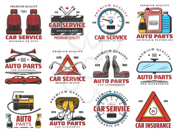 Car service auto center and automobile spare parts shop icons. Vector vehicle mechanic repair garage station, engine oil, car fluids, tire wheel lug wrench, tow truck service and car insurance