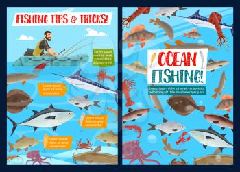 Ocean fishing outdoor adventure and fisher big catch. Vector fisher man in paddle boat with fishing rod, seafood octopus or squid and shrimp, marlin or tuna and pike, lobster and sheatfish or trout