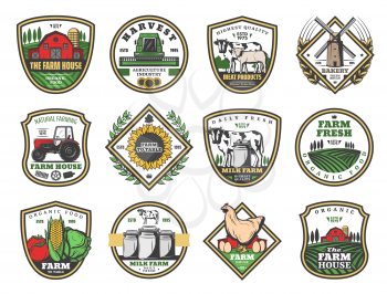 Farmhouse agriculture and cattle farm food production icons. Vector cow dairy milk, wheat windmill and farmland harvest tractor, farmer natural eggs, organic vegetables and eco agriculture industry