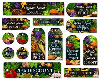Farm market seasonings discount offer for natural herbs and organic spices. Vector special price tags with sorrel, spinach or savory and garlic, pepper and horseradish, vanilla and cinnamon seasonings