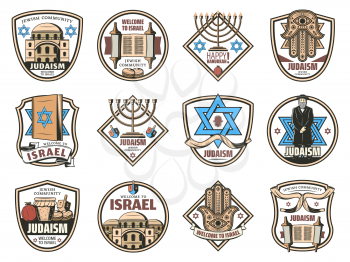 Israel traditional Jewish symbols, Judaism religion icons. Vector emblem of Israel synagogue and Rabbi priest, Hannukah Menorah candles and Shofar horn, Hamsa hand amulet with Torah scroll and dreidel