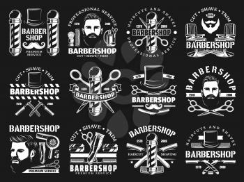 Barbershop vintage premium men haircut salon signs. Vector gentleman hat, mustache and beard, shaving razor blade and barber shop pole signage, hairdryer and clipper with comb and babrber scissors