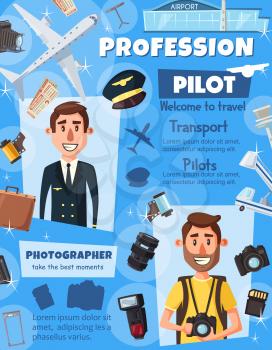 Pilot and photographer professions, aviation and photography industry. Vector people and professional work items, pilot crew or airport staff and flight attendant, journalist photo camera and films