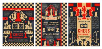 Chess academy game tournament, checkmate strategy sport championship posters. Vector chess club cup for beginners and professional players, chessboard pieces with game score clock and victory stars