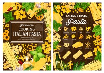 Italian cuisine pasta cooking ingredients and spices. Vector Italian homemade pasta conchiglie, farfalle and orzo risoni, penne and ditalini, maccherroni durum pasta and lasagne, olive oil and garlic