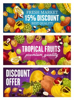 Exotic farm fruits discount promo banners, tropical farm agriculture harvest special offer. Vector organic durian, pomelo and lucuma, tamarind and tropic soursop, longkong and cherimoya fruits