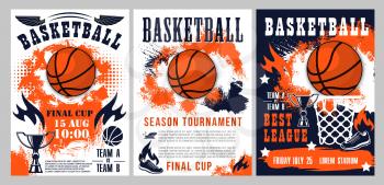 Basketball tournament, sport league cup championship posters. Vector basketball ball goal in basket, streetball player shoe and fire flame with victory stars on halftone orange and blue background