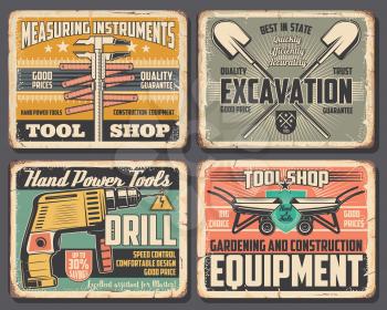 Work tools workshop posters, measuring instruments, construction and home repair or excavation equipment. Vector handyman electric drill, gardening spades and wheelbarrows, carpentry and masonry tools