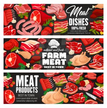 Butcher shop meat and sausages gourmet delicatessen. Vector gastronomy meat food products, turkey or chicken, salami sausage, beef steak and pork ham with bacon, mutton ribs and cooking spices