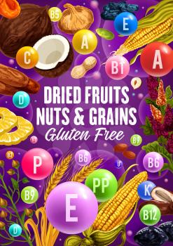 Dried fruits, natural nuts and organic cereal food. Vector healthy nutrition superfood vitamins, vegan figs, coconut or wheat and rye, dried pineapple with legume beans, prune plums and eco raisins