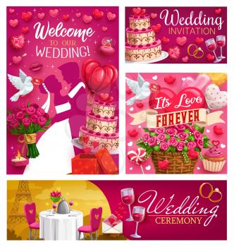 Love forever, welcome wedding ceremony invitations, dancing bride and groom. Vector marriage in Paris, dining table with chairs, cake and basket with flowers. Wine and rose bouquets, engagement rings