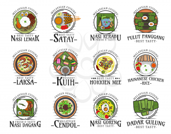 Malaysian cuisine isolated national food logos. Vector nasi lemak and satay, kerabu and pulut panggang, laksa and kuih, hokkien mee, hainanese chicken rice, nasi dagang and doreng, cendol and dadar