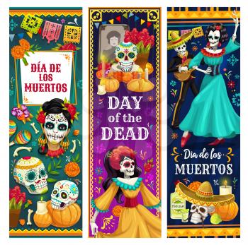 Mexican Day of Dead vector greeting banners of Dia de los Muertos design. Dancing skeletons, sugar skulls and Catrina calavera, mariachi sombrero, guitar and festival dress, altar and marigold flowers