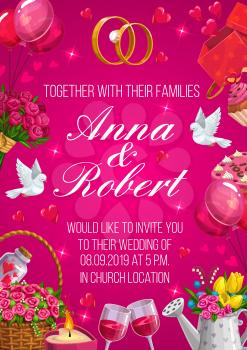 Welcome to wedding card template, bride and groom names and frame of love symbols. Vector save the date, invitation on marriage ceremony, lettering. Flower bouquets, glasses of wine, gifts and doves