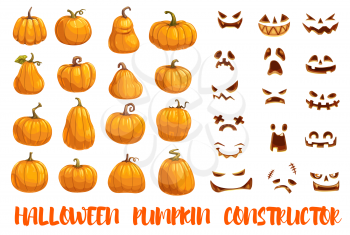 Constructor of Halloween pumpkins with emotional faces. Jacklantern parts, autumn holiday symbol or lantern made of vegetable. Sad and angry, cunning and happy, disappointed and shocked vector