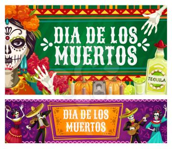Dia de los Muertos, Mexican Day of Dead fiesta, catrina calavera skeletons in sombrero play maracas and dance. Vector Day of Dead celebration, Mexico flags, marigold flowers and tequila on altar