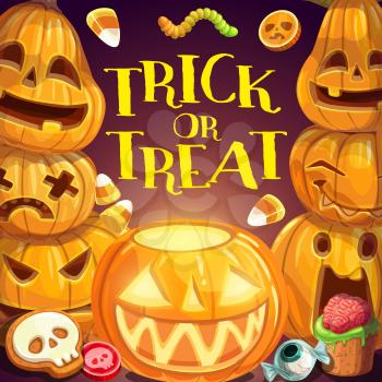 Halloween trick or treat party, horror night celebration poster. Vector monster pumpkin lantern and Halloween holiday sweet candies of evil eye, skeleton skull, spooky brain and scary worms