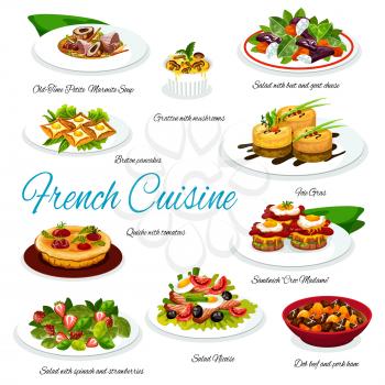 French cuisine meal of meat and vegetable dishes. Vector salads with cheese, olives, spinach and tuna, foie gras, tomato pie quiche and mushroom gratin, egg sandwich, buckwheat crepes and chicken soup