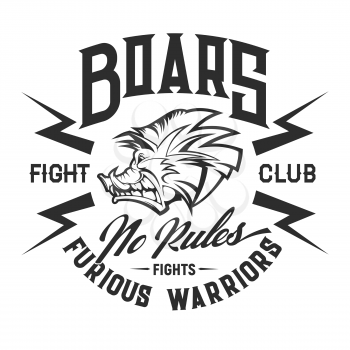 Boar t-shirt print of fight sport club vector design. Angry hog, head of wild animal with lightnings and hand lettering. Martial sportsman apparel and sporting uniform fashion