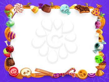 Halloween trick or treat sweets and candies frame with copy space vector design. Candy corn, pumpkin cake and cupcake, lollipop, chocolate and jellies, cookies and desserts in shape of skull and brain