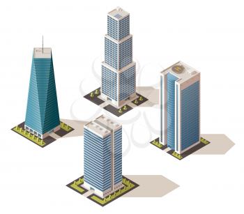 Modern business centers, isolated fashionable buildings with shadow. Vector real estate houses in 3D isometric design, multi-storey skyscrapers. City architecture, commercial towers with offices