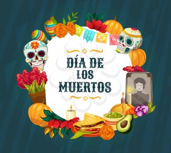 Dia de los Muertos altar decorations. Mexican Day of the Dead vector sugar skulls, Catrina calavera and marigold flowers, sweet bread, candles and maracas, paper cut flags and festive bunting
